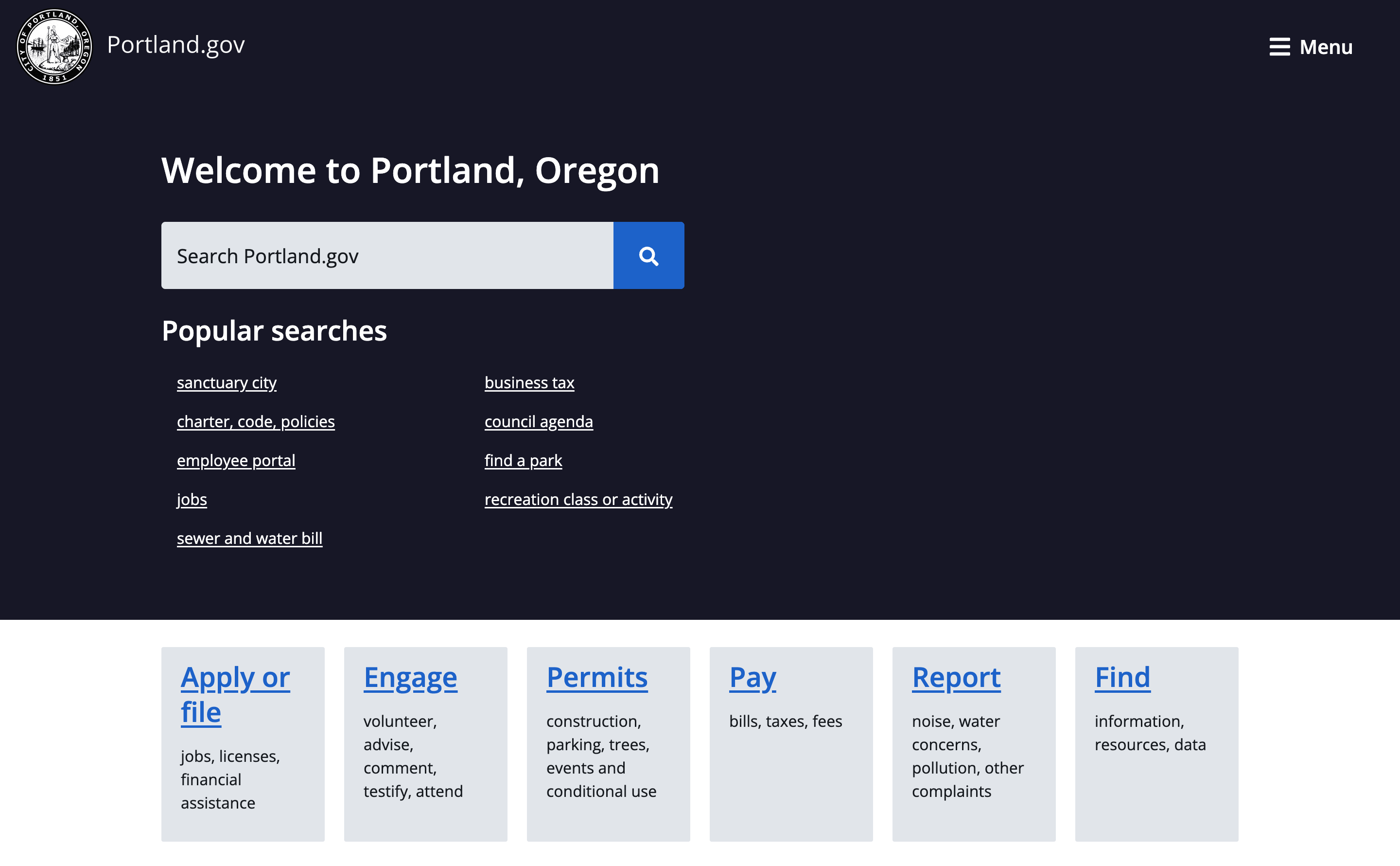 The portland.gov homepage today: task-based navigation, popular services, and district lookup, built on the component system