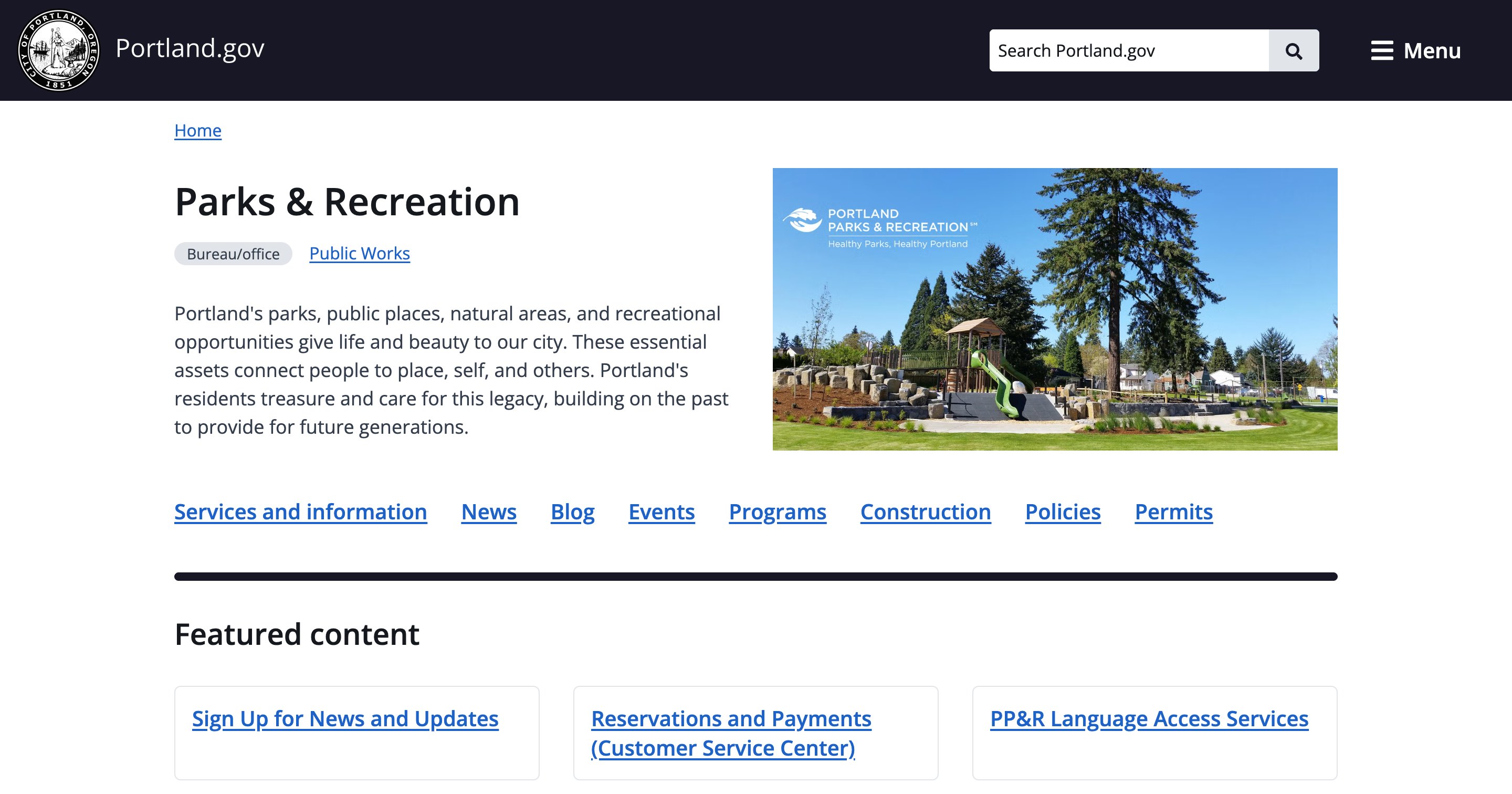 A portland.gov bureau page built from the service page templates and component system
